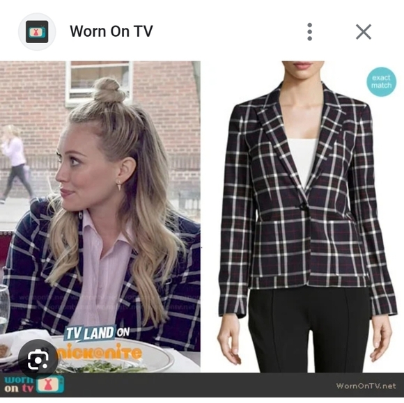 Alice + Olivia Savetta Plaid Windowpane Lamb Leather Elbows Blazer Navy Large - Picture 2 of 16